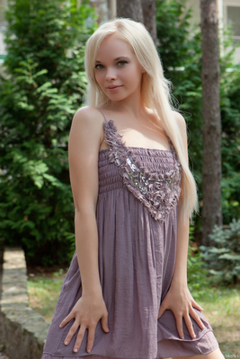 Young Blonde Beauty Feeona A Taking a Walk in a Little Purple Dress via Rylsky-Art - Pic #02